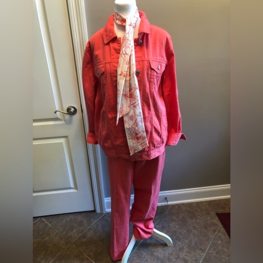 Vintage Jessica London Pink Coral Denim 2 Piece Set Jacket & Jeans Size 12-14